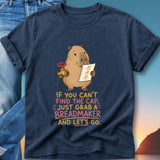 Capybara holding a breadmaker and a document with text: "If you can't find the cap, just grab a breadmaker and let's go."
