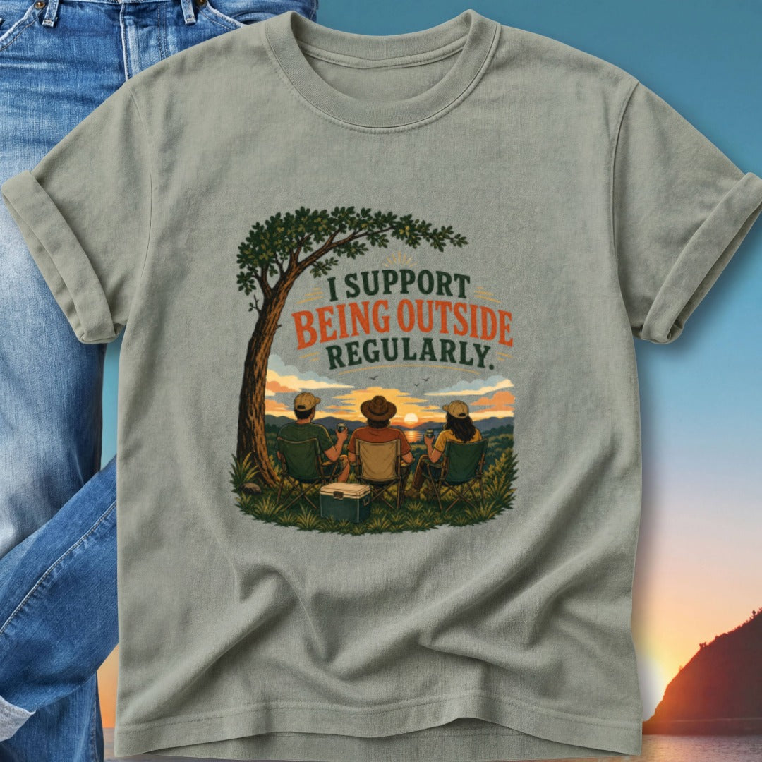 T-shirt with "I SUPPORT BEING OUTSIDE REGULARLY" and sunset camping scene.