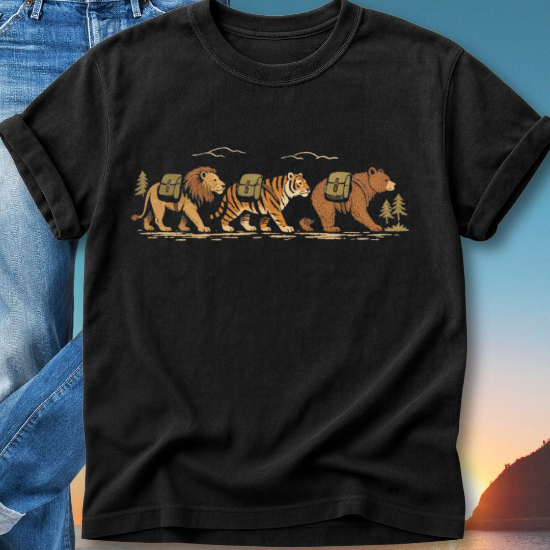 Lion, tiger, and bear walking with backpacks against a sunset backdrop.