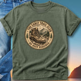 Olive t-shirt with circular graphic of hiking boot and mountains, text "The Early Trail Club No RSVP Required."