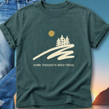 Teal t-shirt with stylized trees, sun, and the text "SOME THOUGHTS NEED TREES."