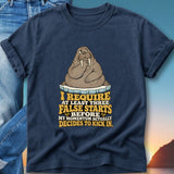 Navy t-shirt with walrus graphic and text about momentum.