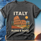 Dark t-shirt with "Italy Ruins & Rosé" and Colosseum graphic.