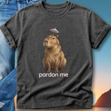 T-shirt with a capybara wearing an umbrella and the text "pardon me".