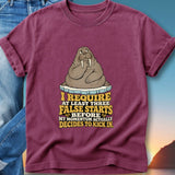 Maroon t-shirt with walrus graphic and text about false starts.