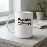 White mug with "Puppies and coffee" text and paw print.