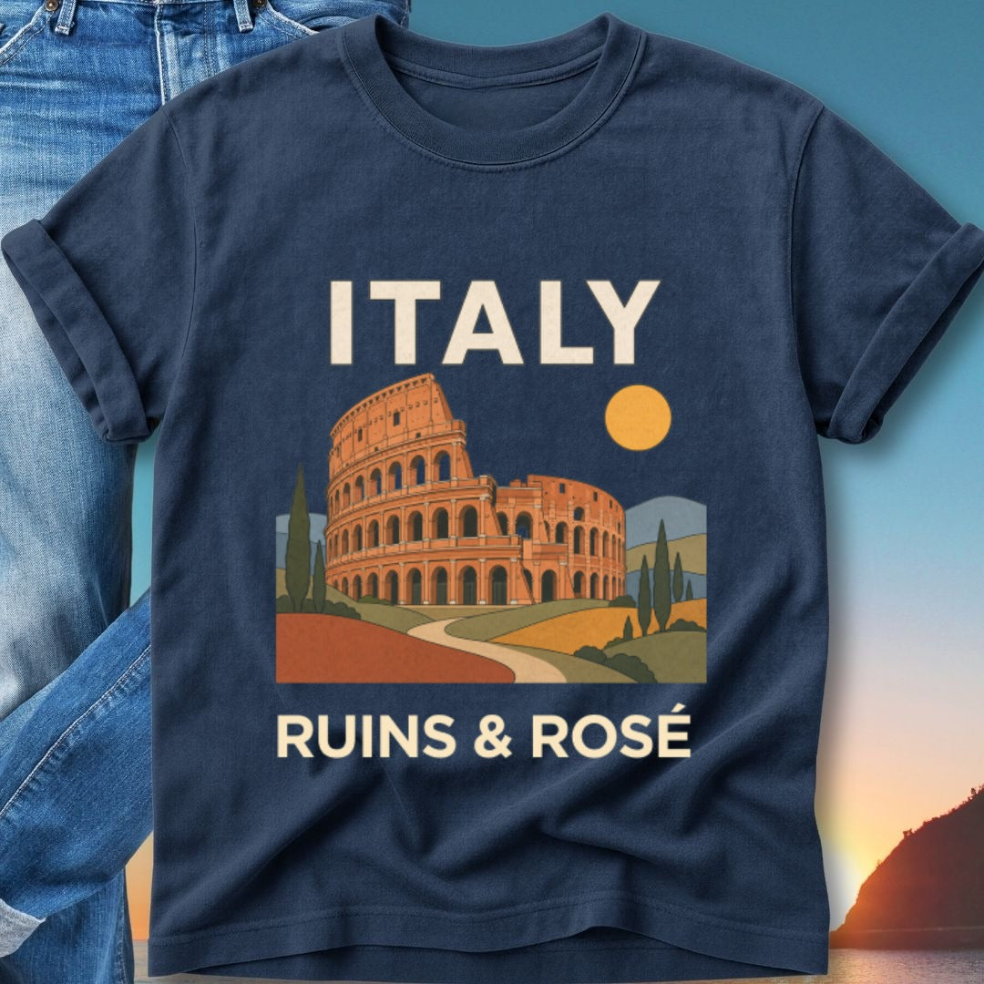Navy t-shirt with "ITALY RUINS & ROSÉ" text and Colosseum graphic.