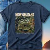 New Orleans streetcar with text "Trolleys and Detours".