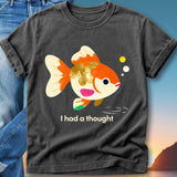 Black t-shirt with orange and white goldfish graphic and "I had a thought" text.