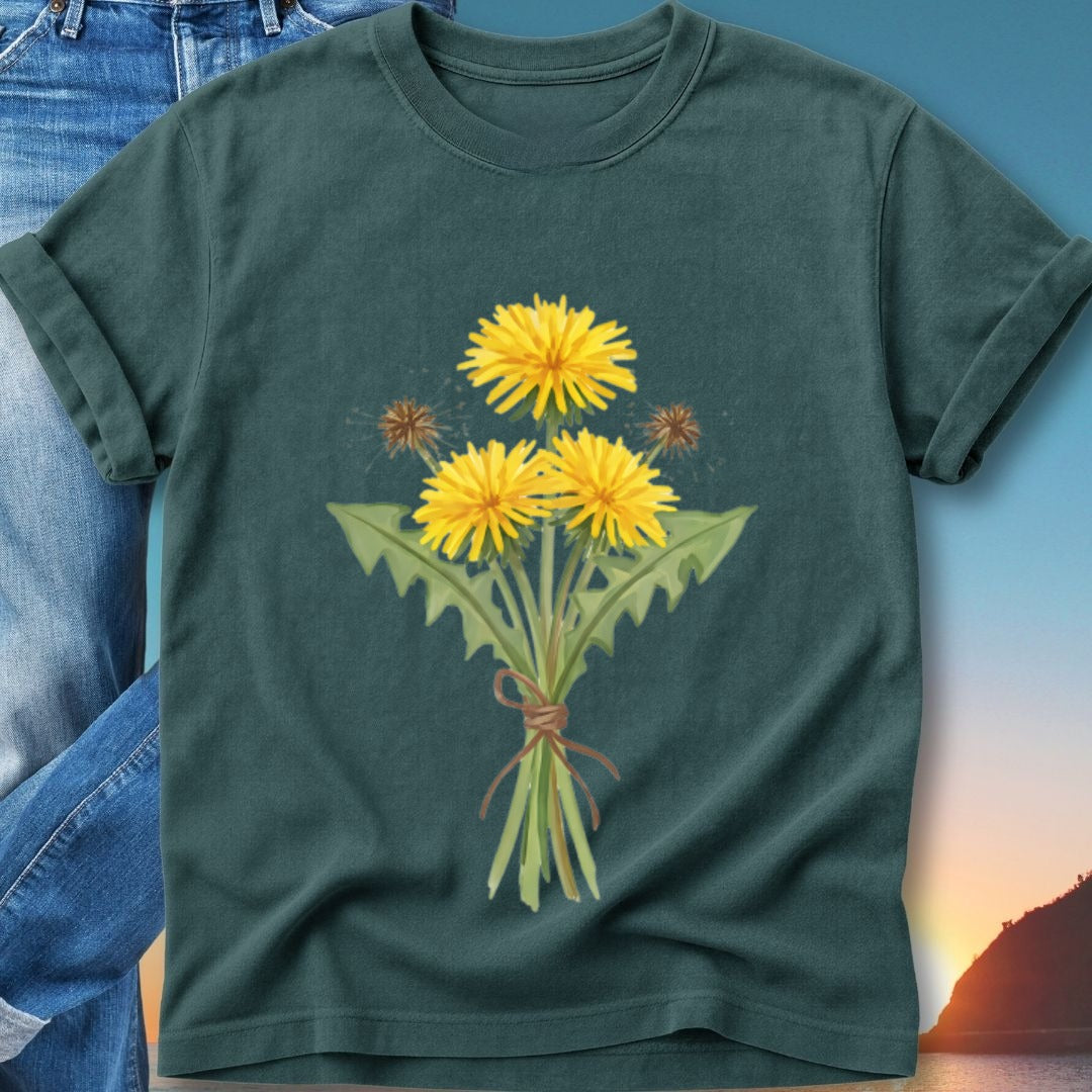 Green t-shirt with watercolor dandelions and green leaves, tied with twine.