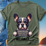 French bulldog mugshot with text "NOT GUILTY".
