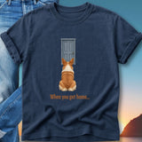 Corgi sits facing a closed door, "When you get home..." text.