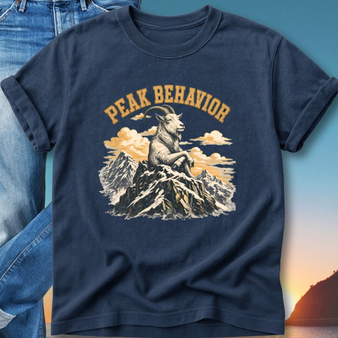 Mountain goat on a peak with "Peak Behavior" text.