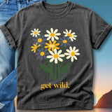 Dark gray t-shirt with yellow and white daisies and the text "get wild."