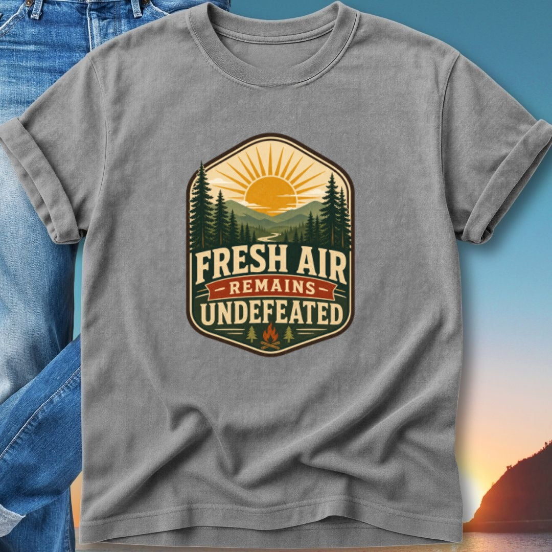 Gray t-shirt with "Fresh Air Remains Undefeated" mountain graphic.