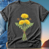 Dark gray t-shirt with watercolor dandelion bouquet graphic.
