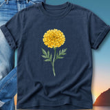 Navy t-shirt with a watercolor marigold flower illustration.