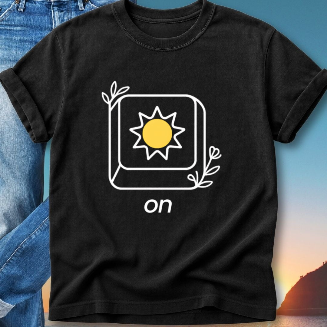 Black t-shirt with a sun inside a square frame and "on" text.