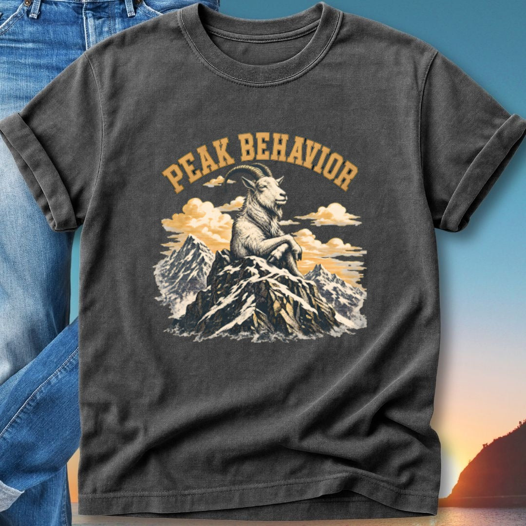 T-shirt graphic with goat on mountain peak, "Peak Behavior" text.