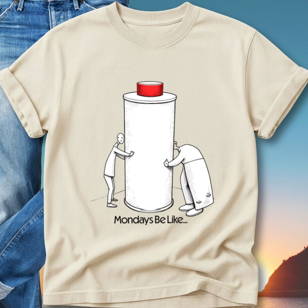Two figures hug a large white cylinder with a red top, text "Mondays Be Like..."