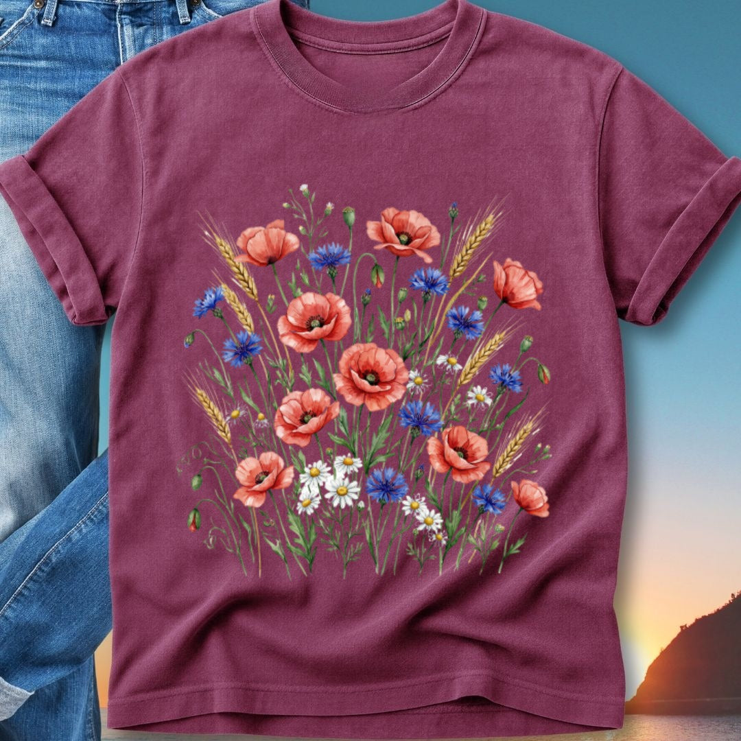 Floral t-shirt with poppies, cornflowers, daisies, and wheat graphic.