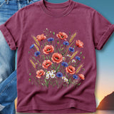 Floral t-shirt with poppies, cornflowers, daisies, and wheat graphic.