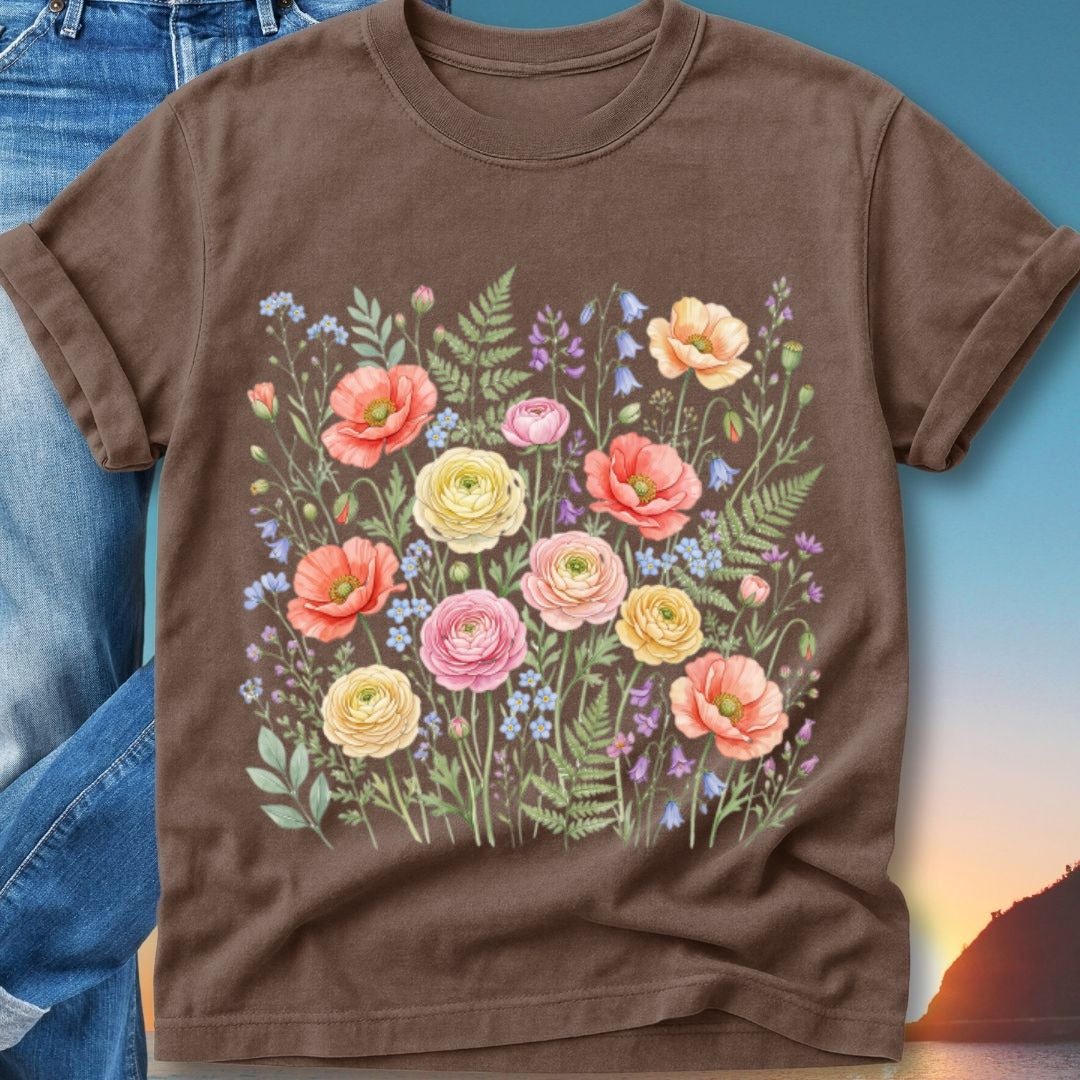 Brown t-shirt with a colorful floral illustration of poppies and ferns.