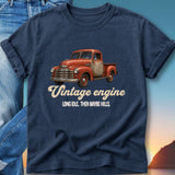 Vintage red pickup truck with "Vintage engine" and "Long idle. Then maybe hills." text.