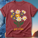 Maroon t-shirt with bouquet of wildflowers and "get wild." text.