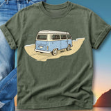 Blue camper van on a sandy beach with "later!" text.