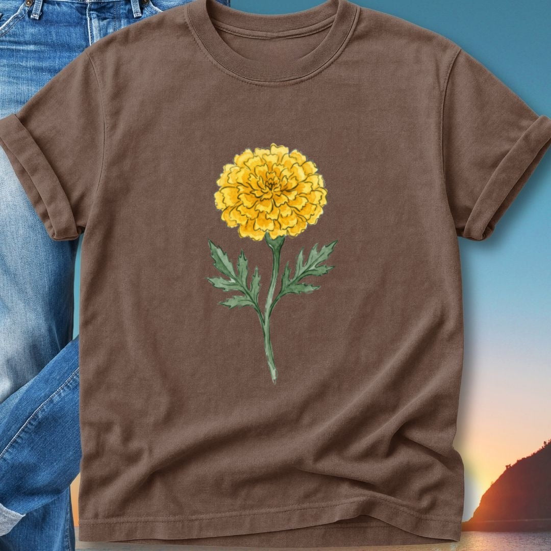 Brown t-shirt with watercolor yellow marigold flower design.