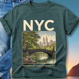 T-shirt with NYC graphic featuring Central Park bridge, buildings, and squirrels.