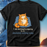 T-shirt with a grumpy cat lying on a pillow with text "I am emotionally preparing to do absolutely nothing today."