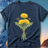 Navy t-shirt with a watercolor bouquet of dandelions tied with twine.