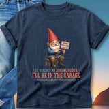 Gnome in red hat points to "Gone Fishing" sign, t-shirt text about garage.