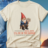 Gnome with "Gone Fishing" sign, text about garage and screwdrivers.