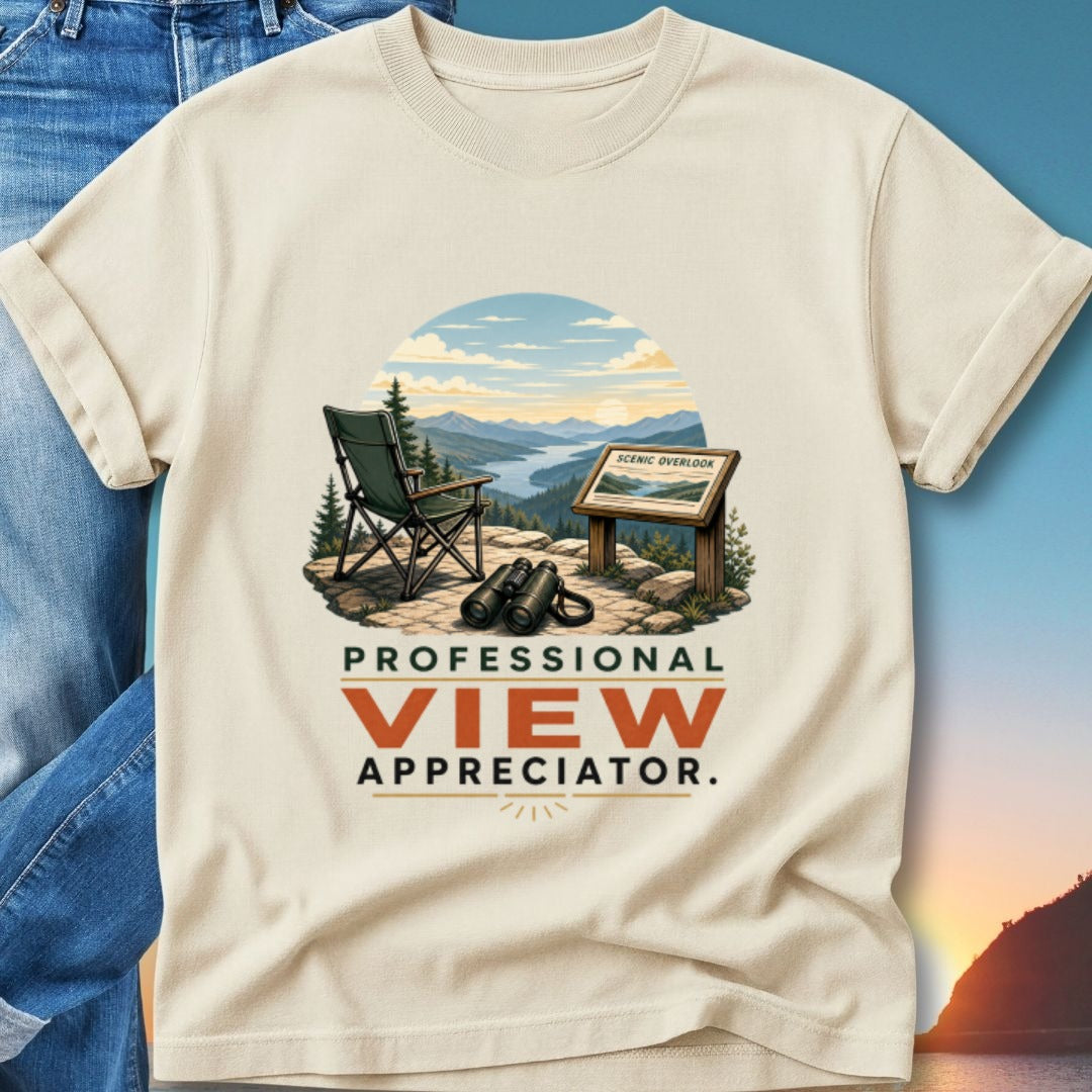 Scenic overlook with binoculars and text "Professional View Appreciator".