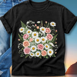 Black t-shirt with a floral bouquet of daisies and roses.