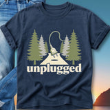 Dark blue t-shirt with "unplugged" text and trees and a power cord.