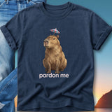 Capybara wearing an umbrella on its head, with "pardon me" text.