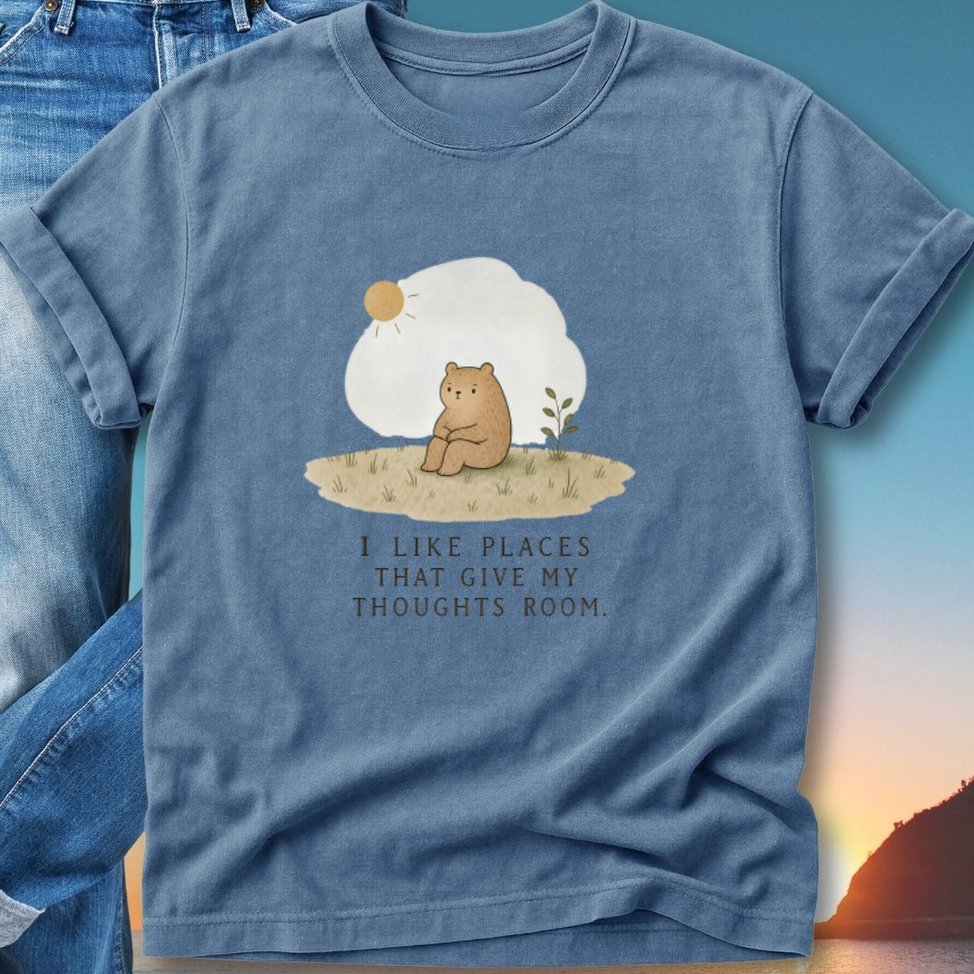 Blue t-shirt with a bear sitting under a cloud, text "I LIKE PLACES THAT GIVE MY THOUGHTS ROOM."