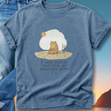 Blue t-shirt with a bear sitting under a cloud, text "I LIKE PLACES THAT GIVE MY THOUGHTS ROOM."