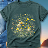 Dark t-shirt with a delicate watercolor floral print of wildflowers and greenery.