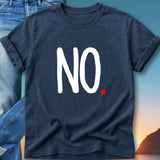 Navy t-shirt with white "NO" text and a red dot.