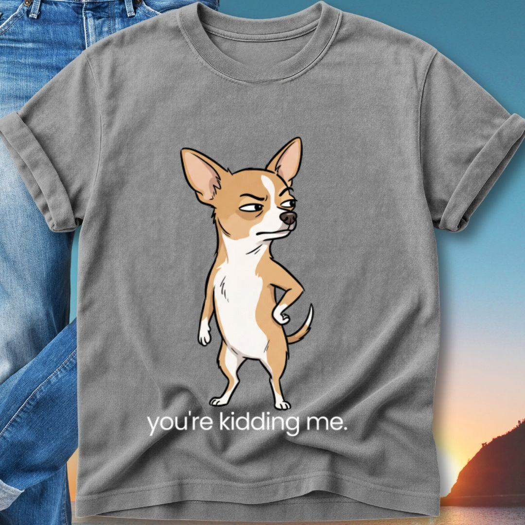 Grey t-shirt with cartoon chihuahua and text "you're kidding me."