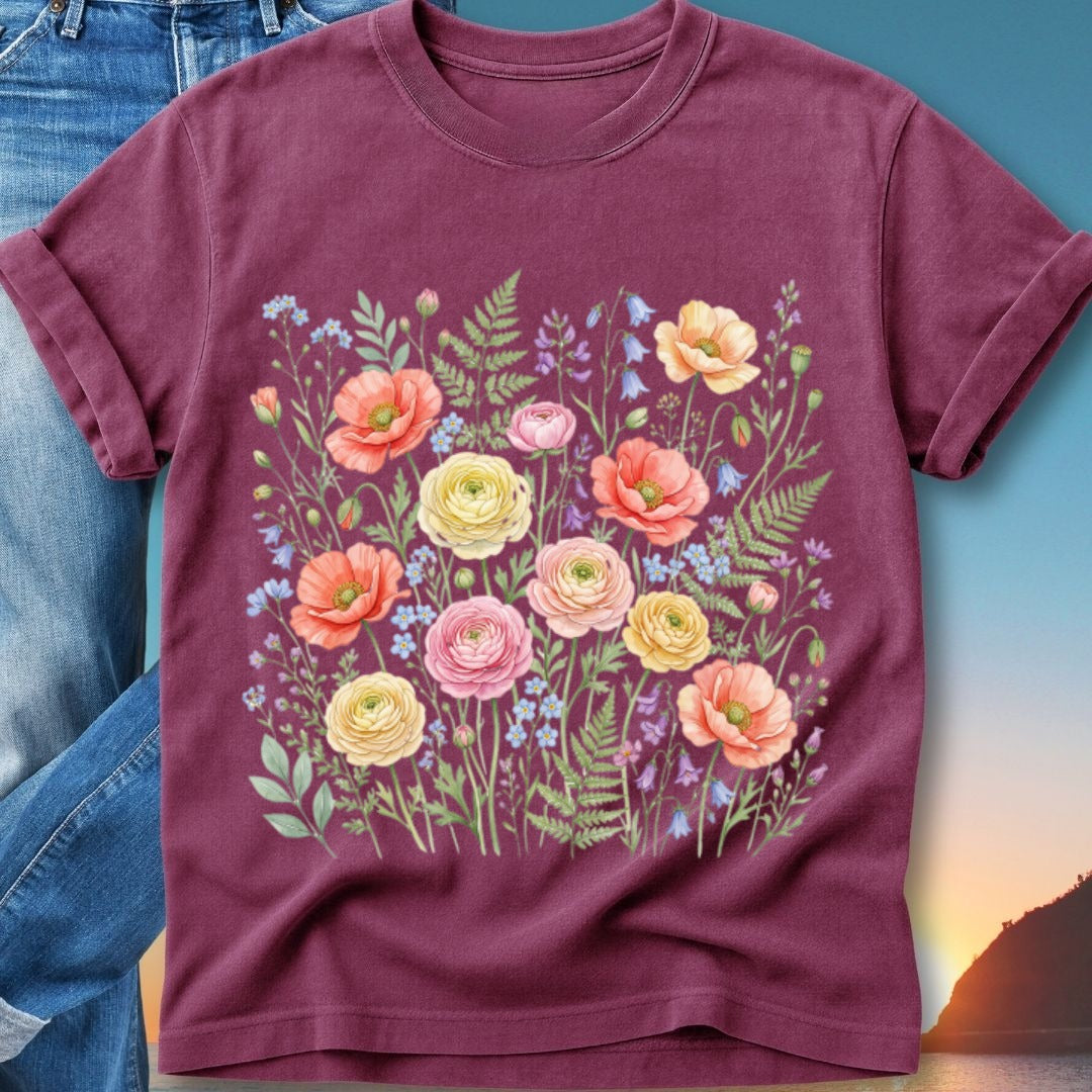 Maroon t-shirt with a floral watercolor design of poppies, roses, and ferns.