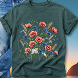 Dark green t-shirt featuring a watercolor floral print of poppies, cornflowers, and wheat.
