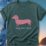 T-shirt with pink dachshund graphic and text "long story short".