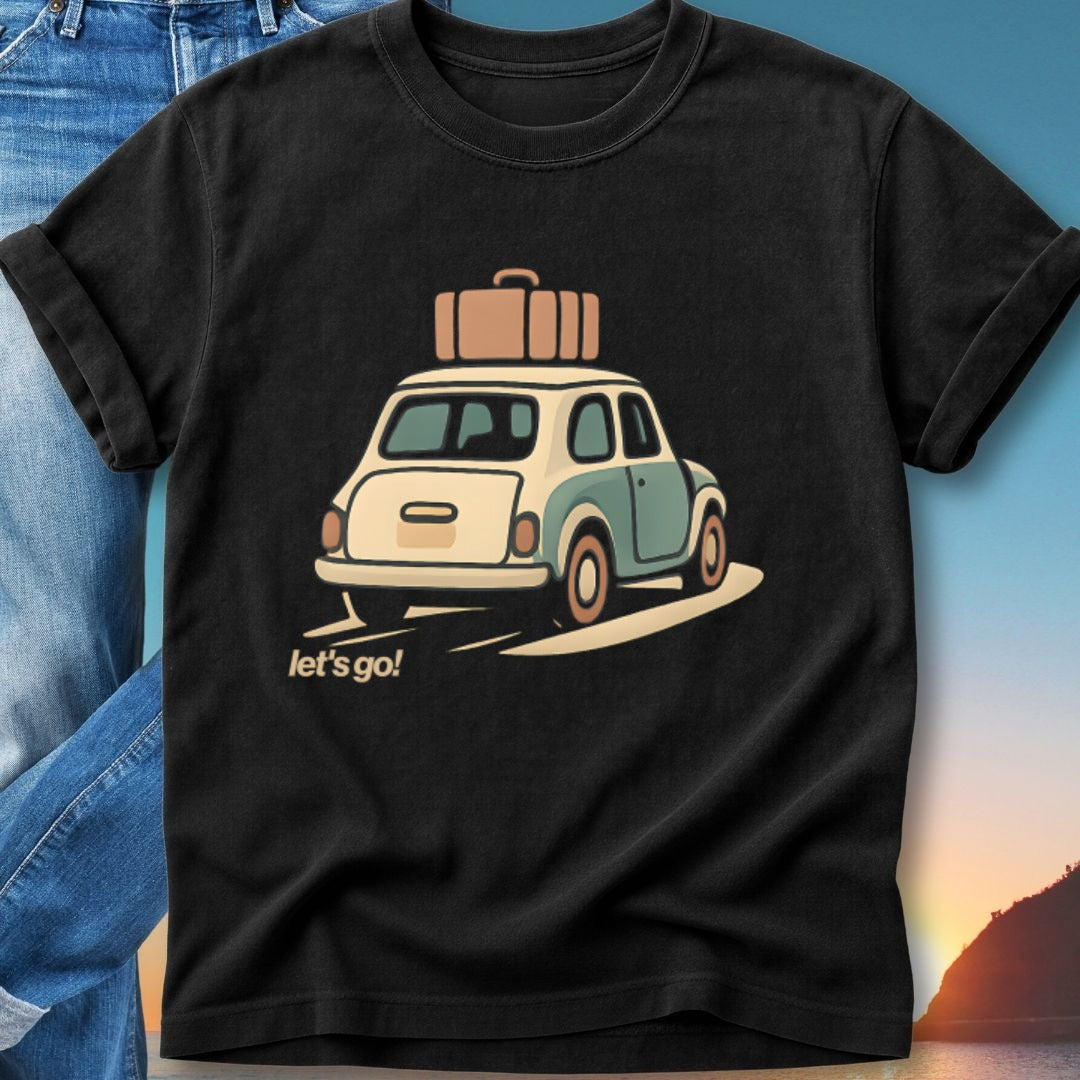 Black t-shirt with cartoon of a light blue car with luggage on the roof, "let's go!" text.