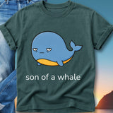Teal t-shirt with a grumpy cartoon whale and "son of a whale" text.